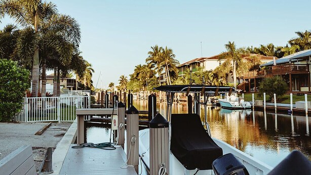 Een jachthaven met een houten steiger, boten en palmbomen.