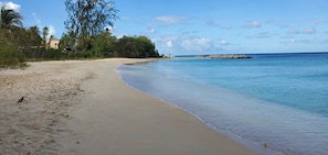 Una playa con agua azul cristalina, orilla de arena y árboles al fondo.