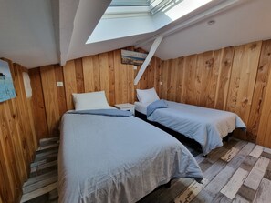 Een kamer met twee bedden, houten wanden, een dakraam en een klein schilderij.