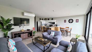 living room and kitchen views