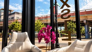 A seating area with two leather chairs and a table, a potted plant, and a view of a building through large windows. - Boxstel - Moderns Stay Hotel (El Paso)
