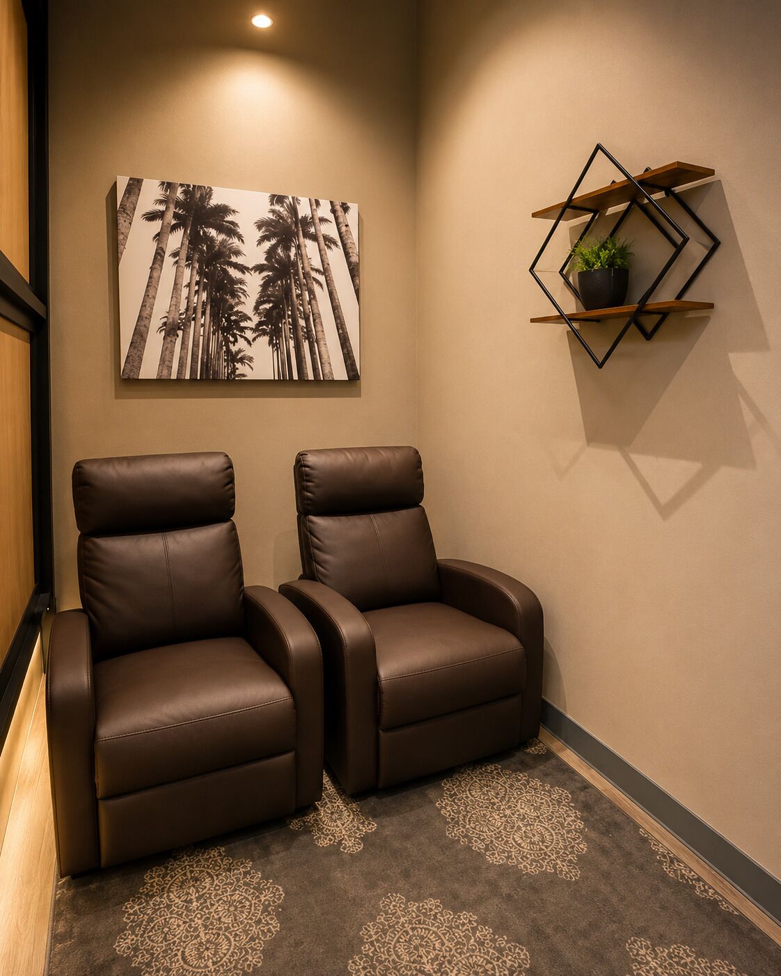 Une pièce comprenant deux fauteuils inclinables en cuir, une étagère à plantes fixée au mur et un grand tableau encadré représentant des palmiers.