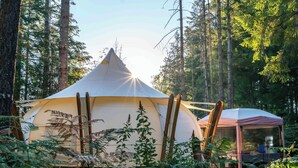 A tent in a forest with a smaller structure nearby. - Smith Lake Farm (Black Creek)