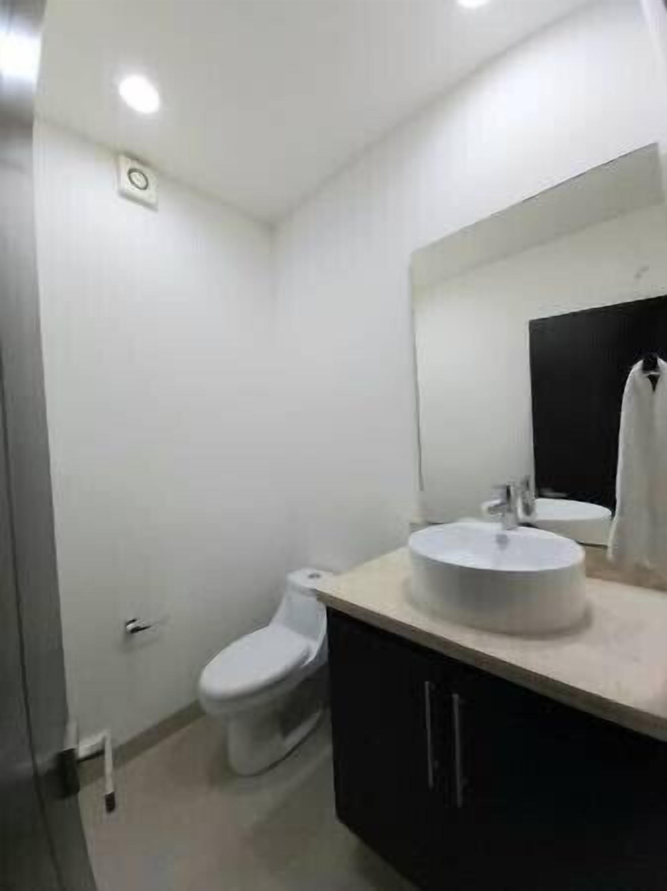 A modern bathroom with a toilet, sink, and mirror.
