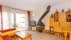 Un salon comprenant un canapé, une table basse, un téléviseur, une cheminée et des meubles de rangement en bois.