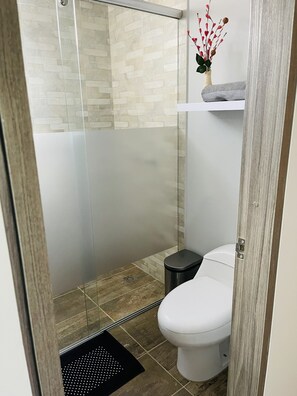 Douche, serviettes fournies, papier toilette