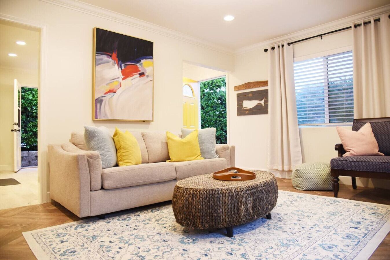 Smart TV, fireplace, books, printers