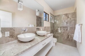 Shower, hair dryer, towels, toilet paper
