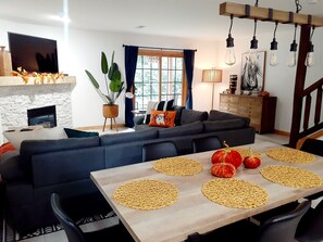 Smart TV, fireplace, books