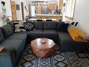 Smart TV, fireplace, books