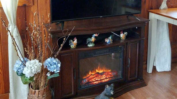 Un salon doté d’un téléviseur à écran plat, d’une cheminée, de quelques figurines décoratives et d’une figurine d’ours posée sur le sol.