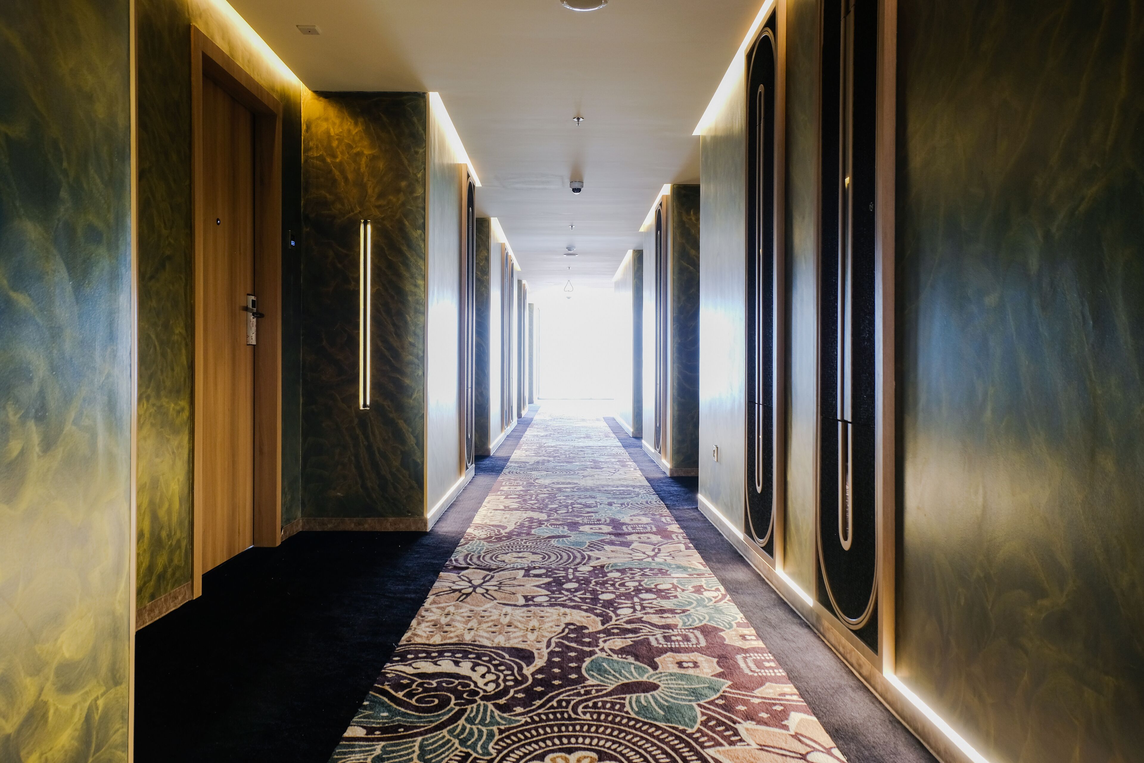 A long, narrow hallway with patterned carpet, wooden doors, and mirrored walls.