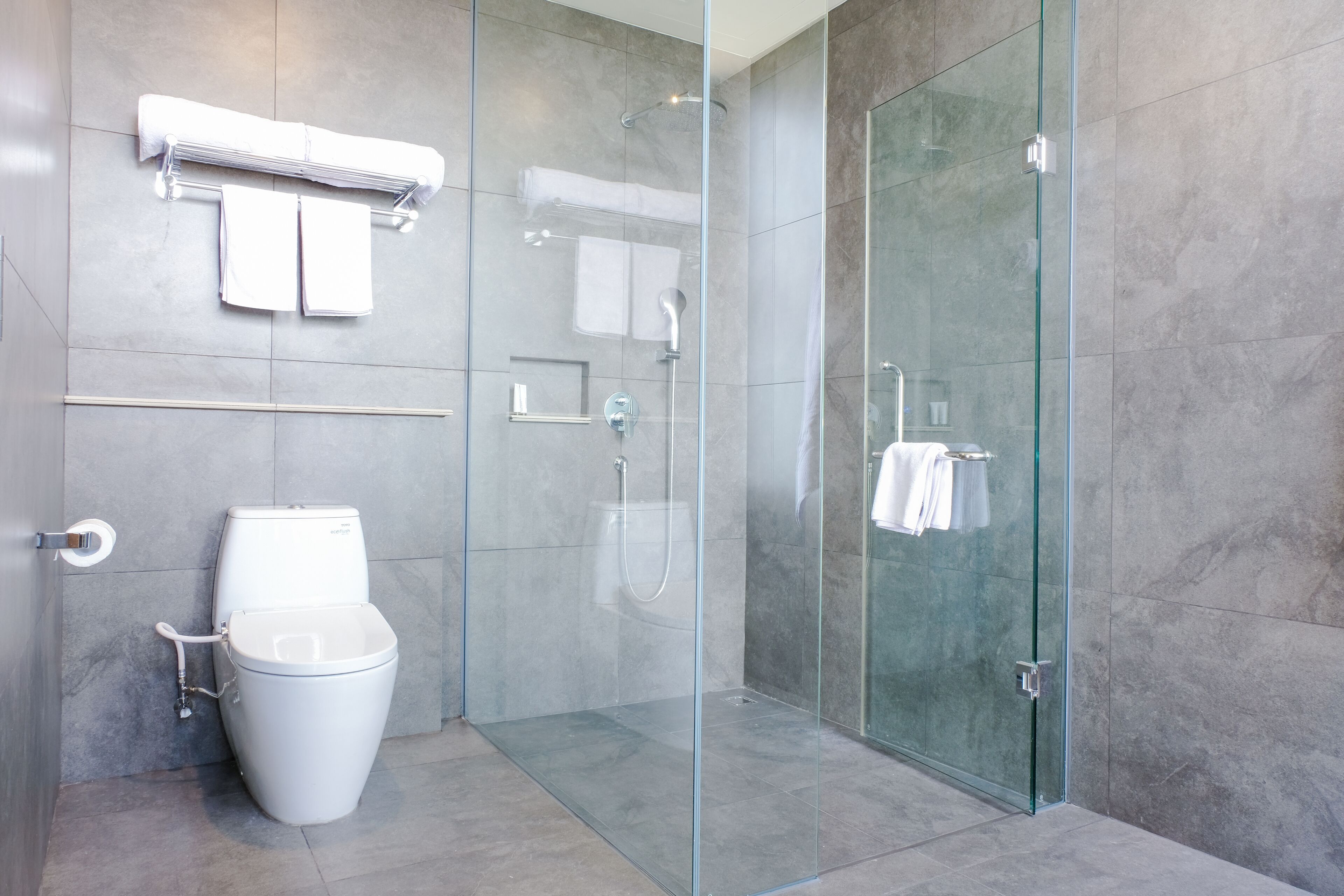 A modern bathroom with a glass-enclosed shower, a toilet, and a towel rack.