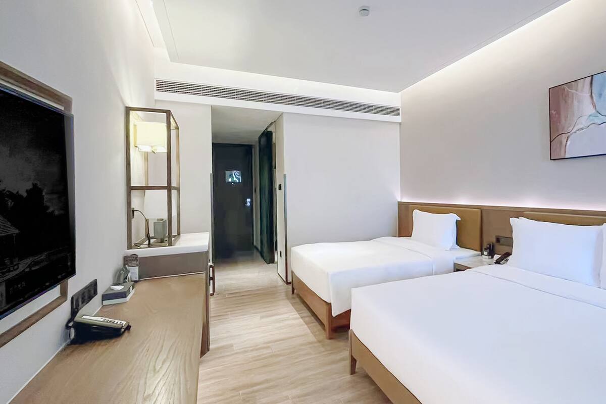 Een hotelkamer met twee bedden, een televisie, een schilderij en een gang naar een andere kamer.