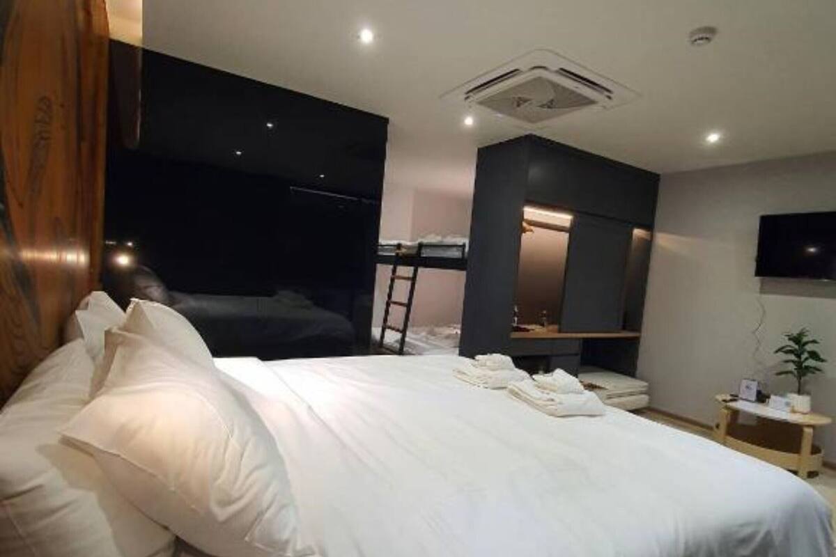 A modern bedroom with a large bed, a headboard, a TV, and a small table with a plant.