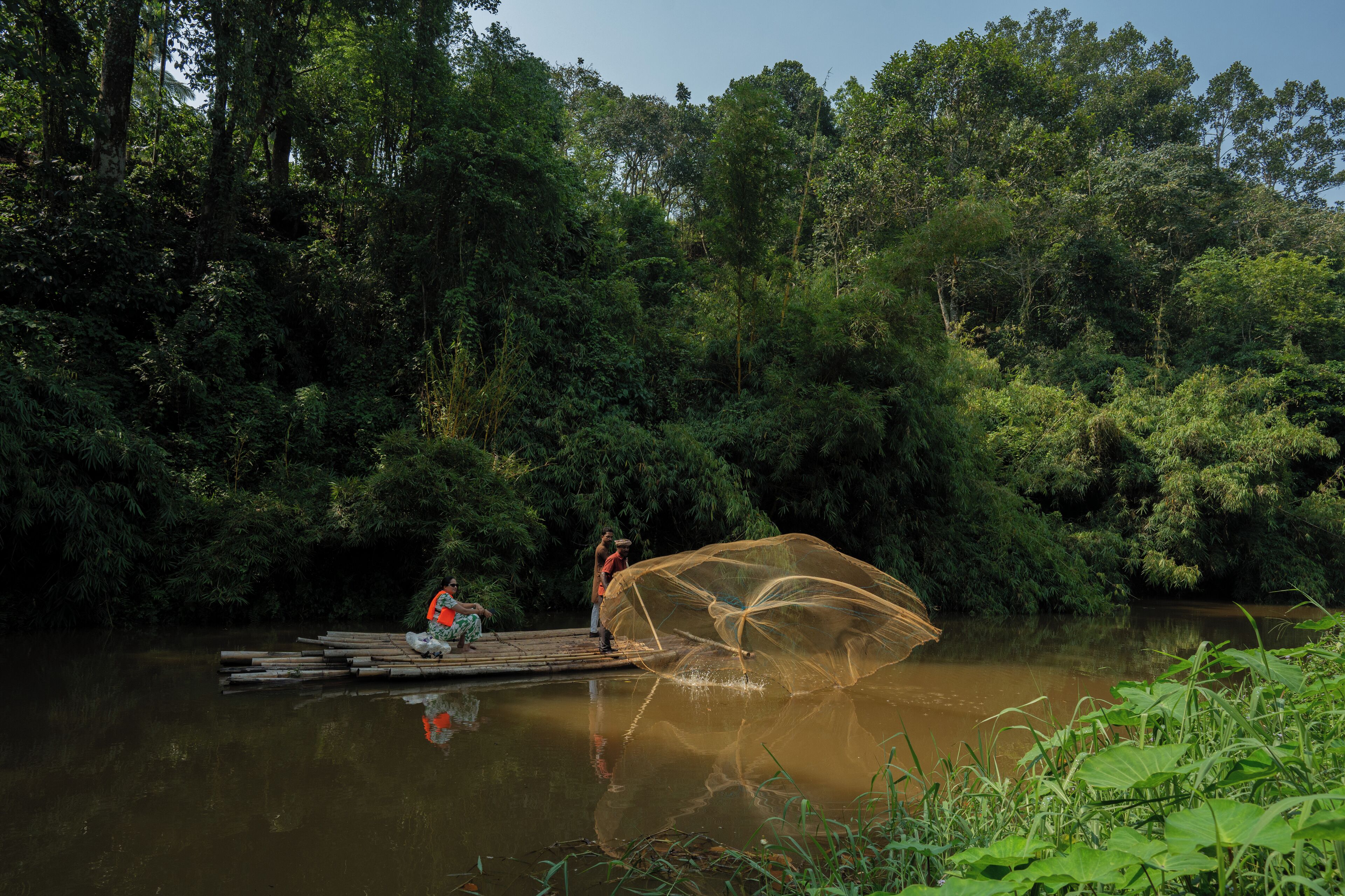 A river with a wooden dock and a person casting a fishing net.