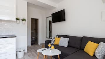 Apartment (Premium One-Bedroom Apt) | Living room | 25-inch flat-screen TV with cable channels, TV