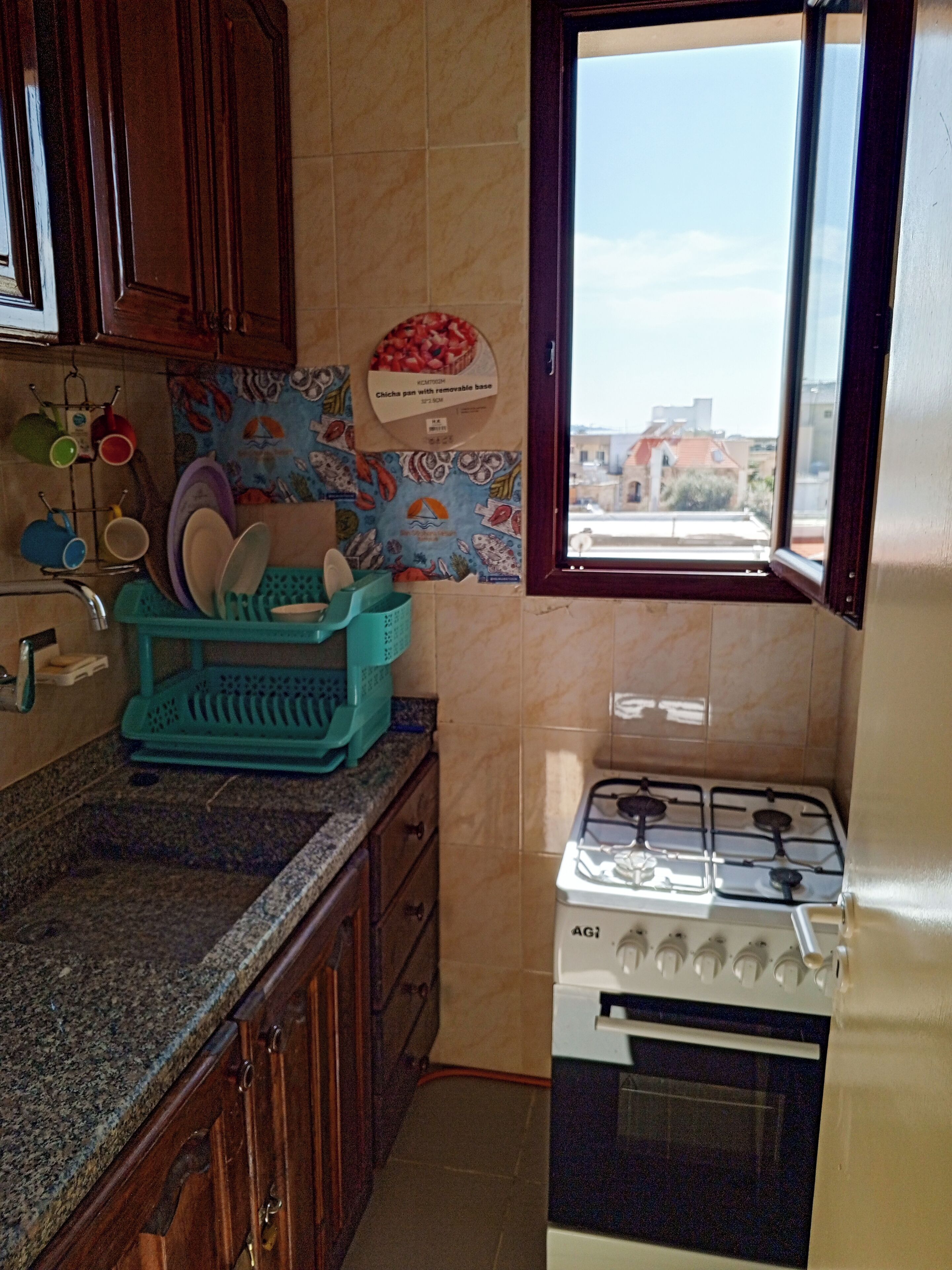 Fridge, oven, cookware/dishes/utensils, paper towels
