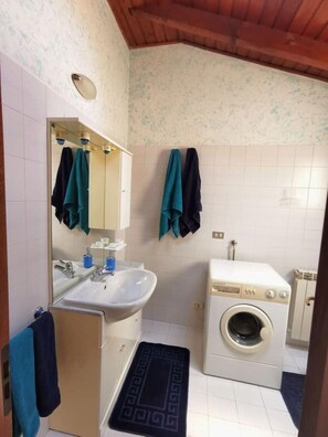 Shower, hair dryer, bidet, towels