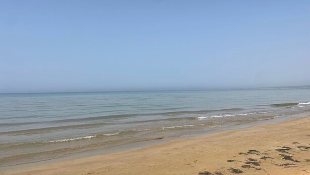 Une plage avec un ciel dégagé et une eau calme.