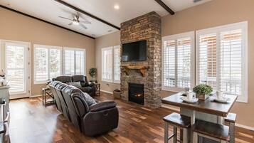 Télévision, cheminée, lecteur de DVD, livres