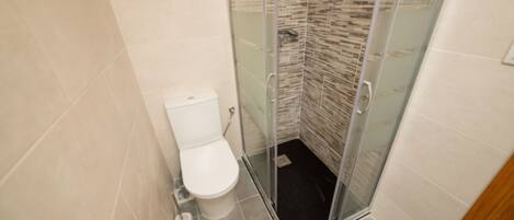 Une salle de bain équipée de toilettes, d’une douche à parois de verre et d’un porte-rouleau de papier toilette.