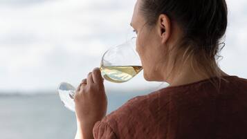 A person holding a glass of white wine, wearing a brown top, with a body of water and a cloudy sky in the background.