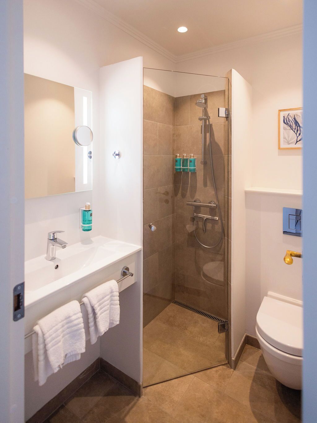 A modern bathroom with a glass-enclosed shower, a white sink with a mirror, and a toilet.