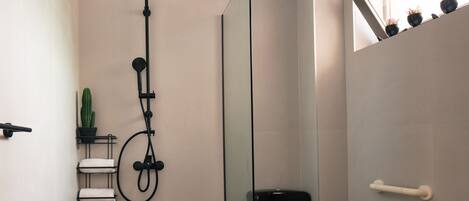 A modern bathroom with a glass shower enclosure, a toilet, a towel rack, and a small potted plant.
