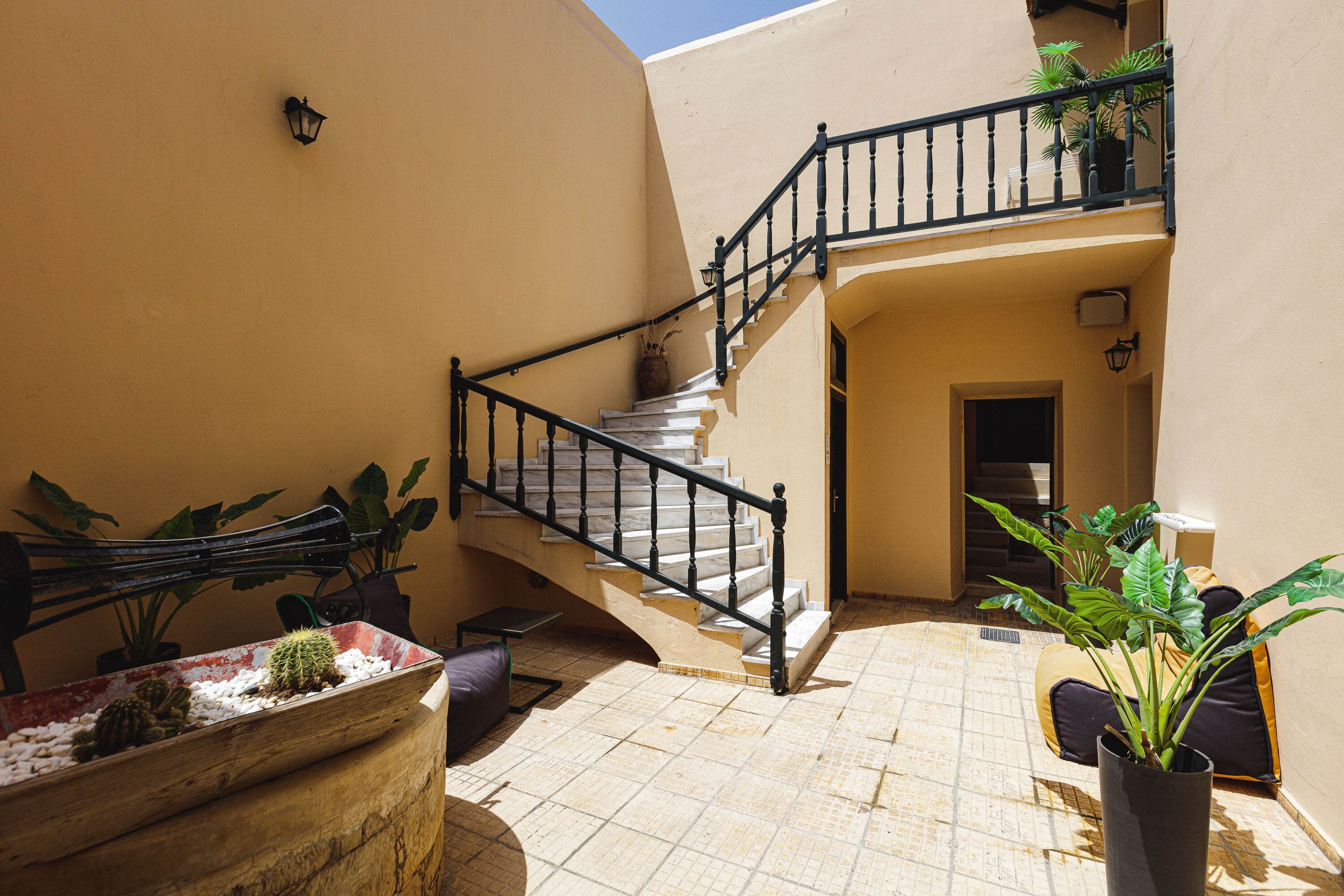 A courtyard with a staircase, potted plants, and a cactus display.