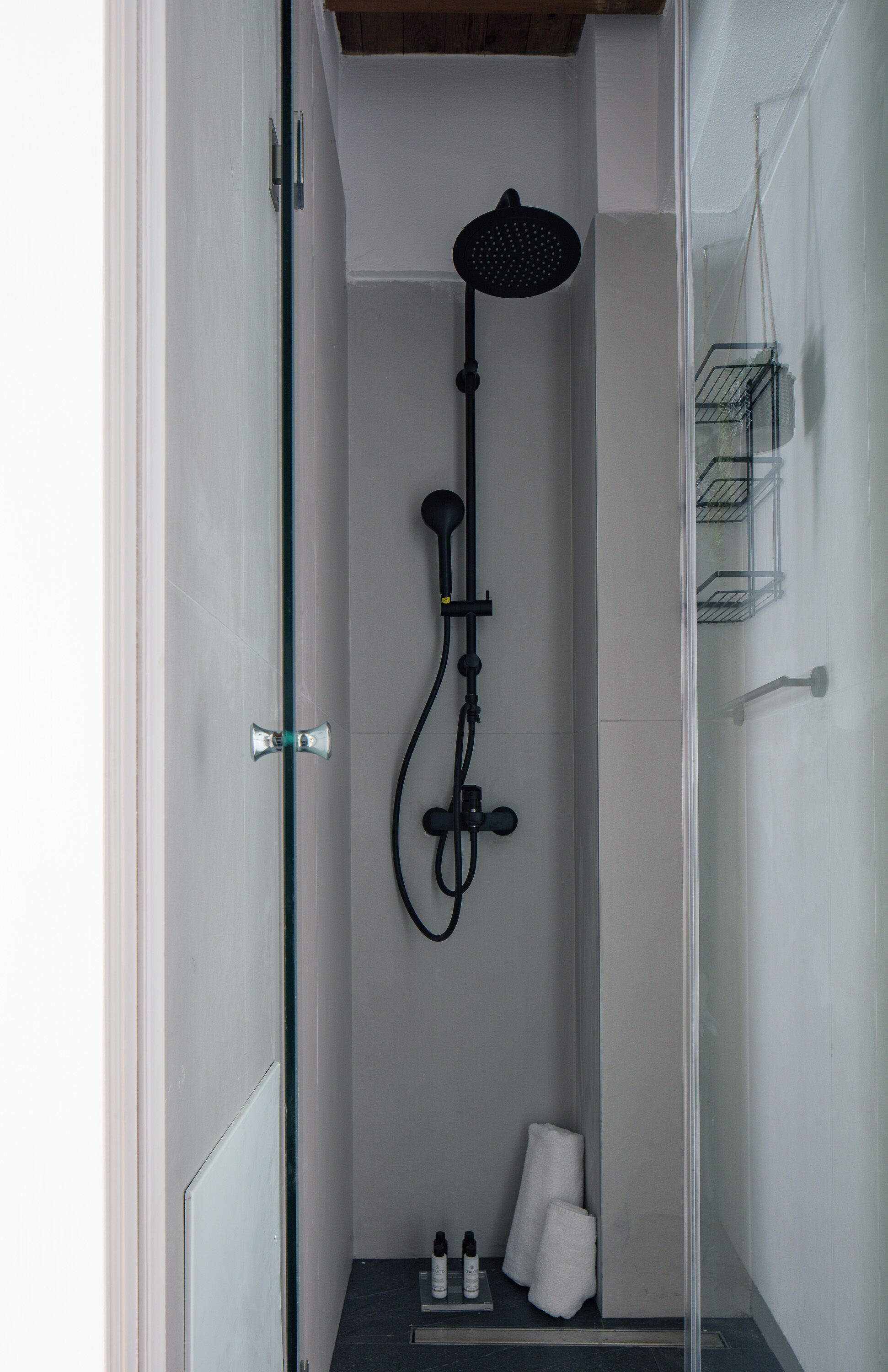 A glass-enclosed shower with a handheld showerhead, a towel rack, and a shelf with toiletries.
