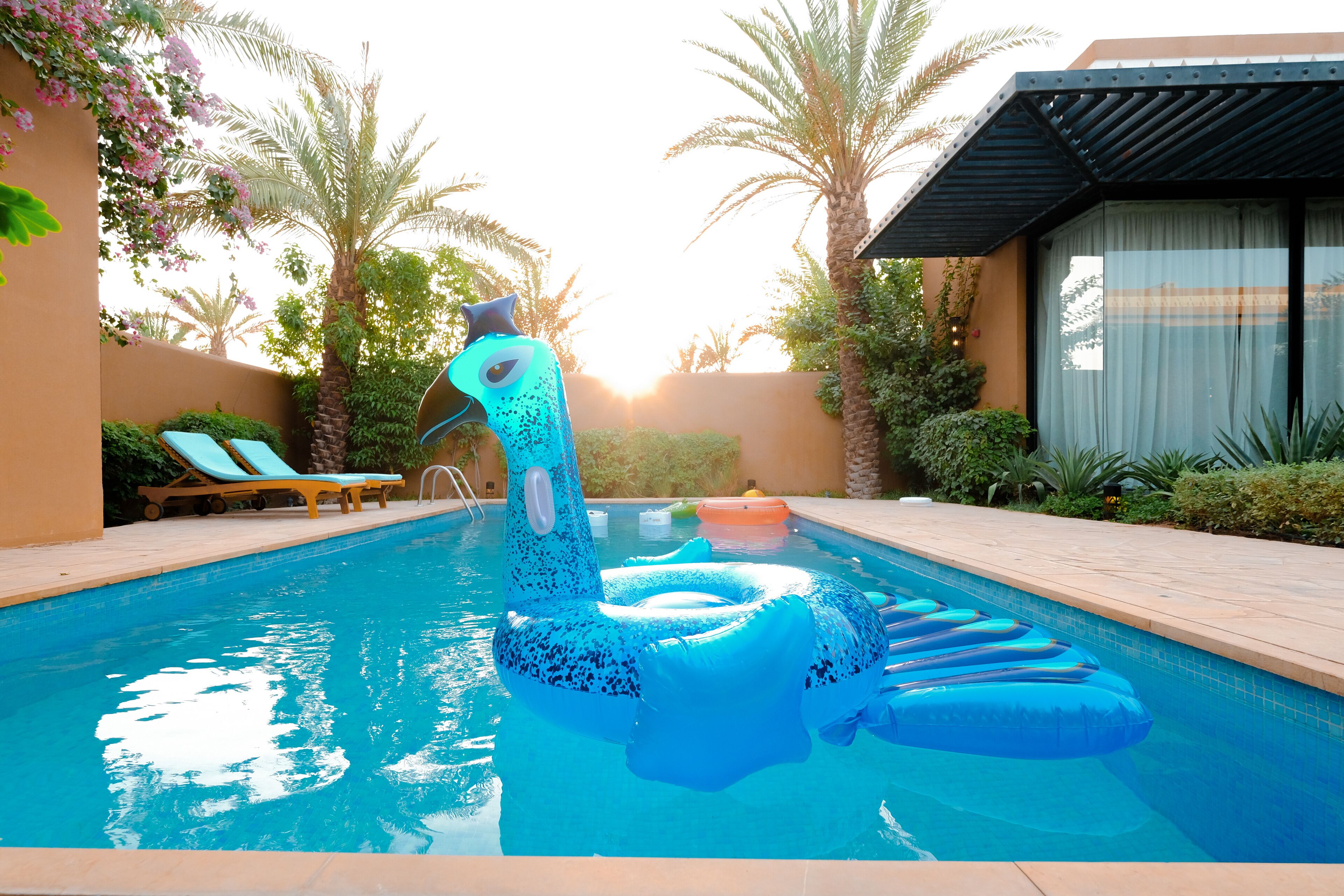 A swimming pool with inflatable toys, lounge chairs, and palm trees.