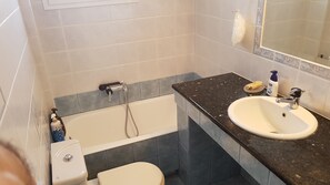 Combined shower/tub, hair dryer, towels, soap