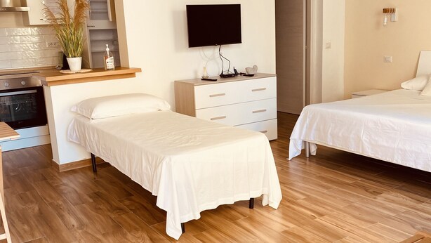 Una camera d'albergo moderna con pavimento in legno, un letto, una scrivania, una sedia, una TV e un angolo cottura sullo sfondo.