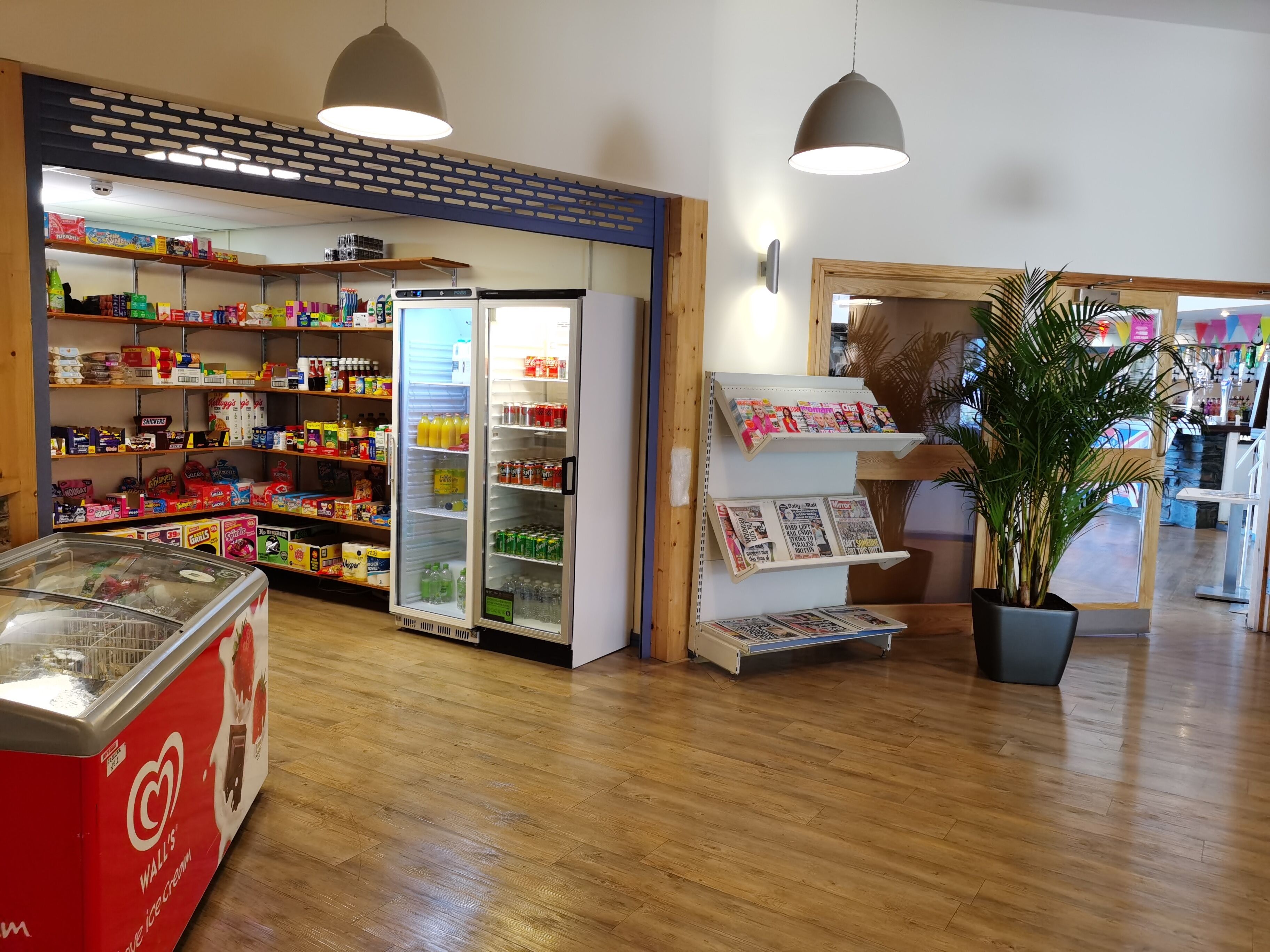 Interior de una tienda de comestibles con estantes llenos de productos diversos, un refrigerador y una exhibición de revistas.