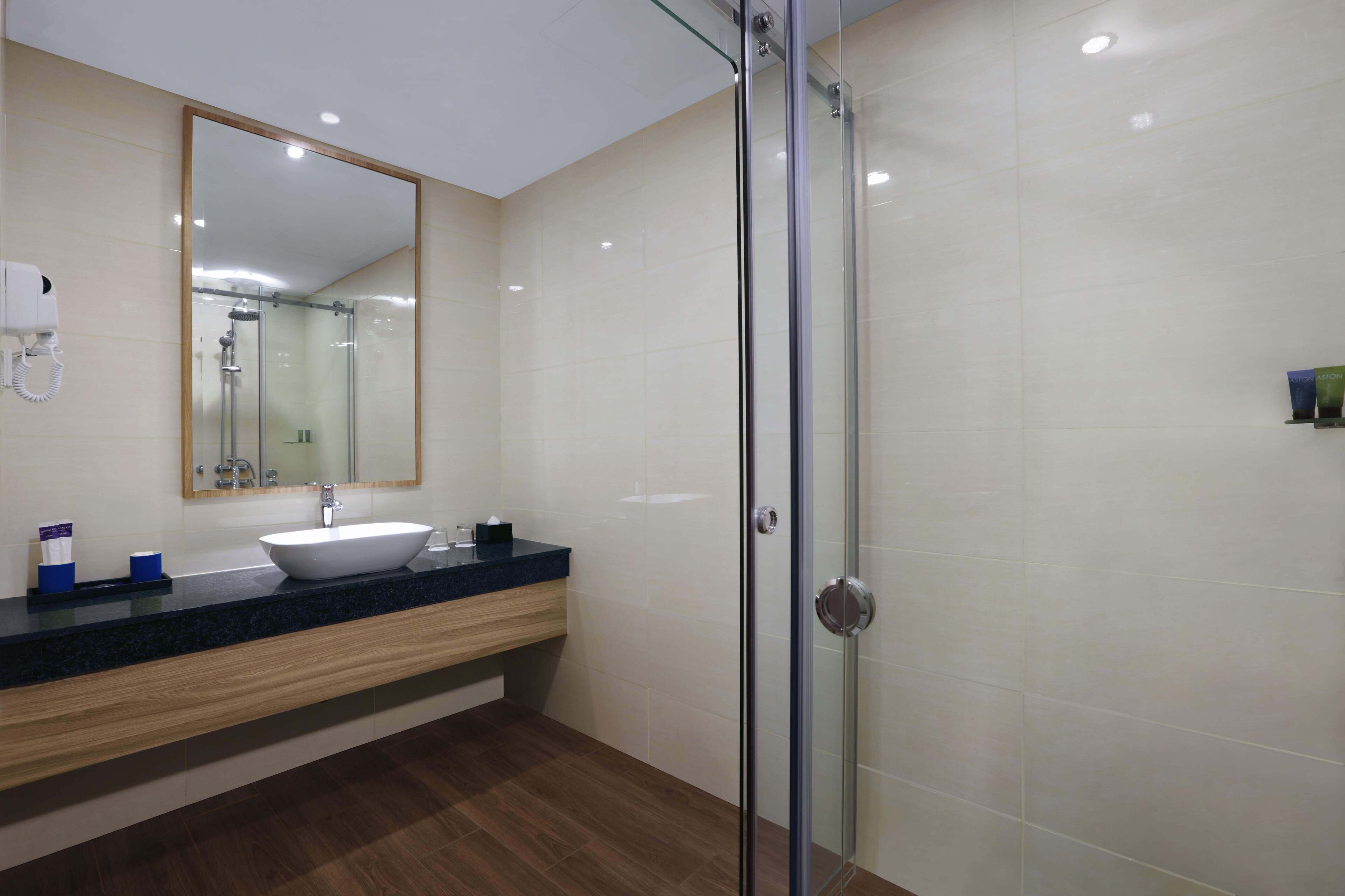 Shower, hair dryer, slippers, bidet