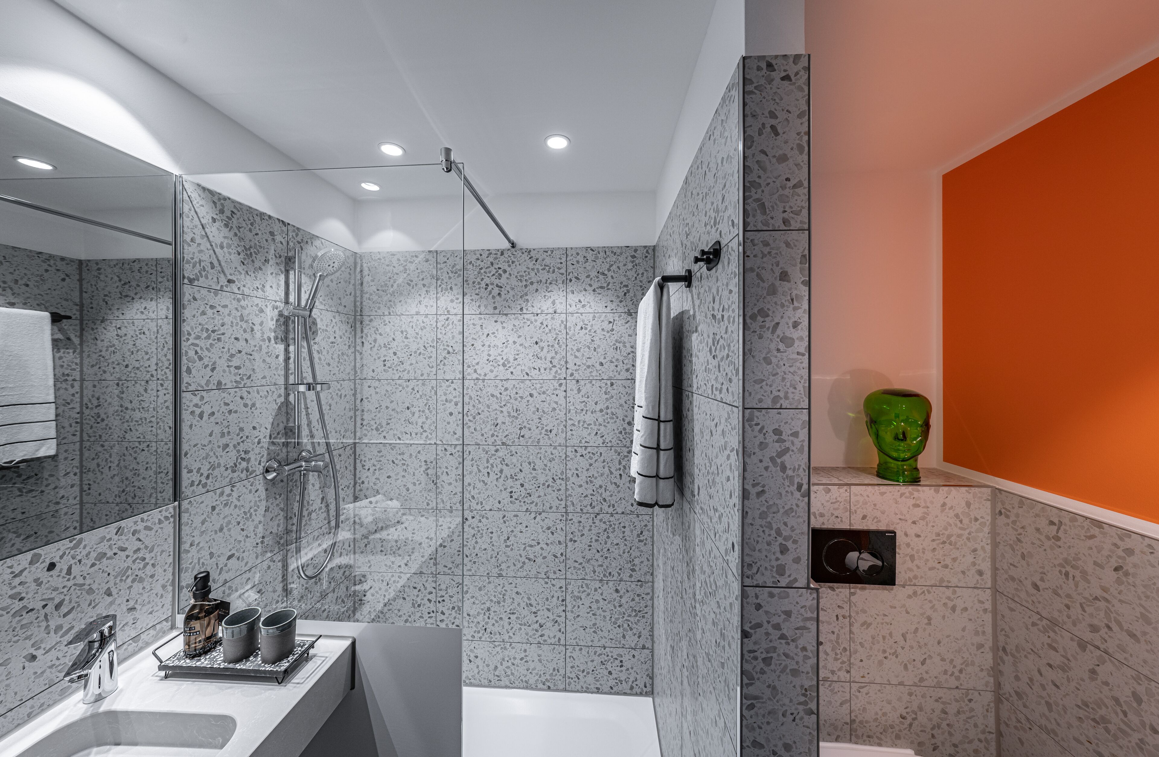 shower, eco-friendly toiletries, hair dryer, towels