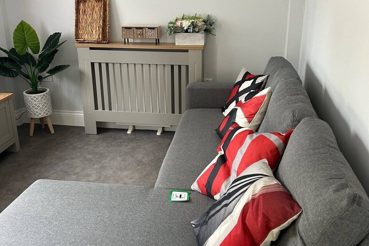 A grey sofa with striped pillows, a small plant, and a wooden shelf with decorative items.