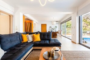 TV, fireplace, books, offices