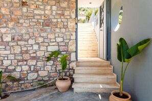 A stone wall, a potted plant, and a staircase leading to a door.