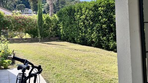 Une vue depuis un balcon, avec un vélo, un palmier et un arbuste en arrière-plan.