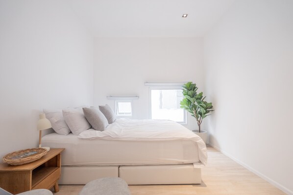 A minimalist bedroom with a bed, bedside table, lamp, and a potted plant.
