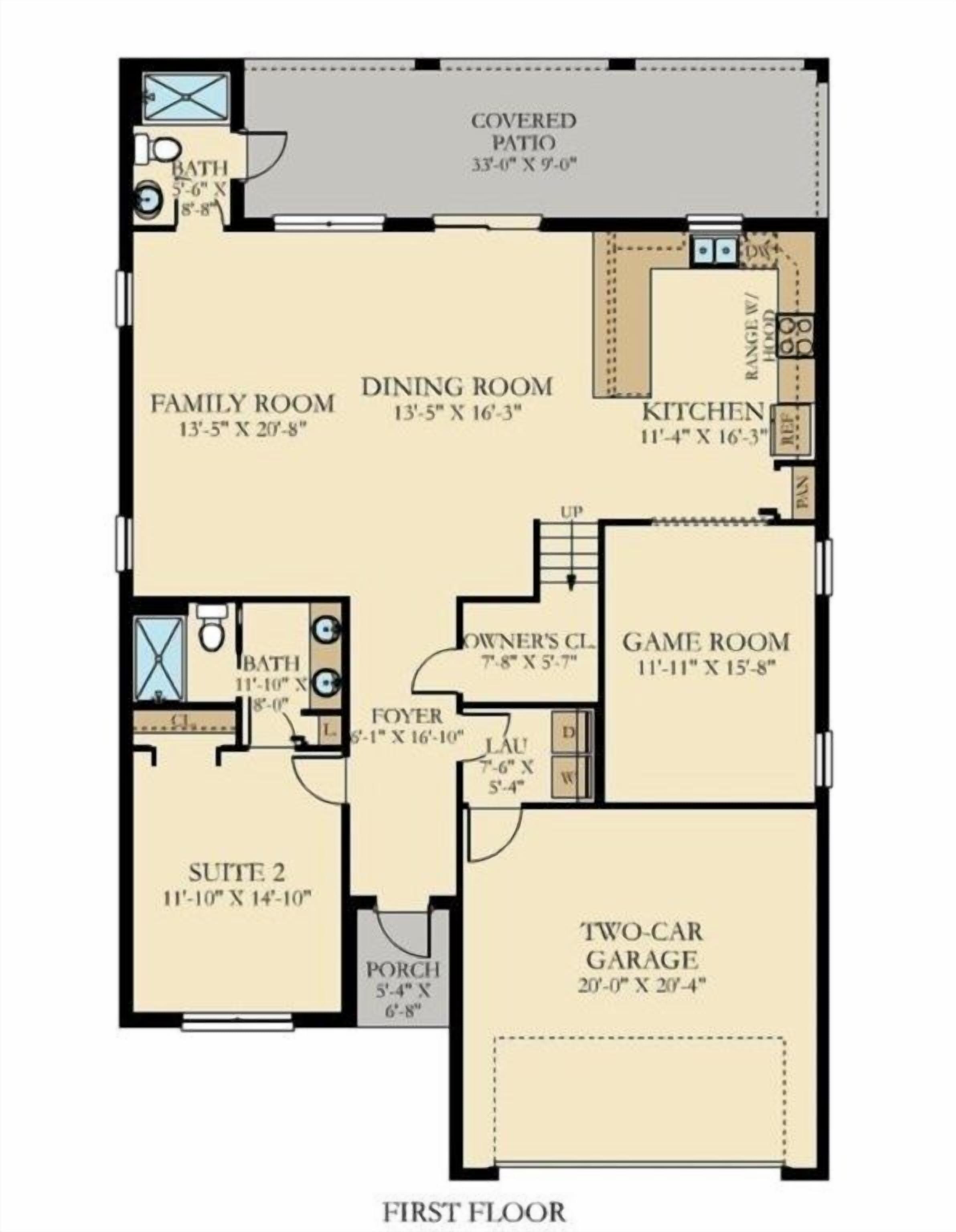 A first-floor floor plan with a covered patio, family room, dining room, kitchen, game room, two-car garage, suite 2, foyer, bathroom, and a porch.