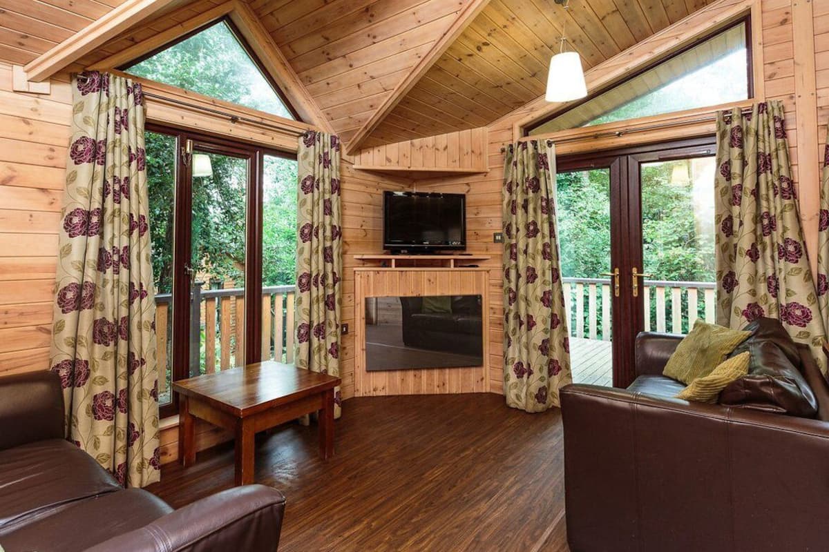 A wooden cabin interior with a TV, fireplace, leather sofas, and large windows.