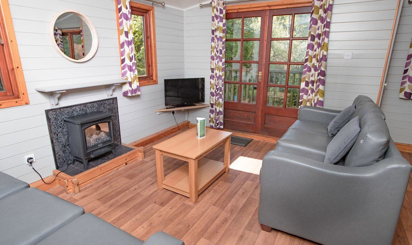 Ein gemütliches Wohnzimmer mit Kamin, einer Couch, einem Fernseher und einem Holztisch.