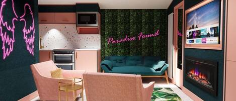 Uma sala de estar moderna com um sofá azul-turquesa, poltronas cor-de-rosa e lareira. Um letreiro de neon diz 'Paraíso Encontrado'.