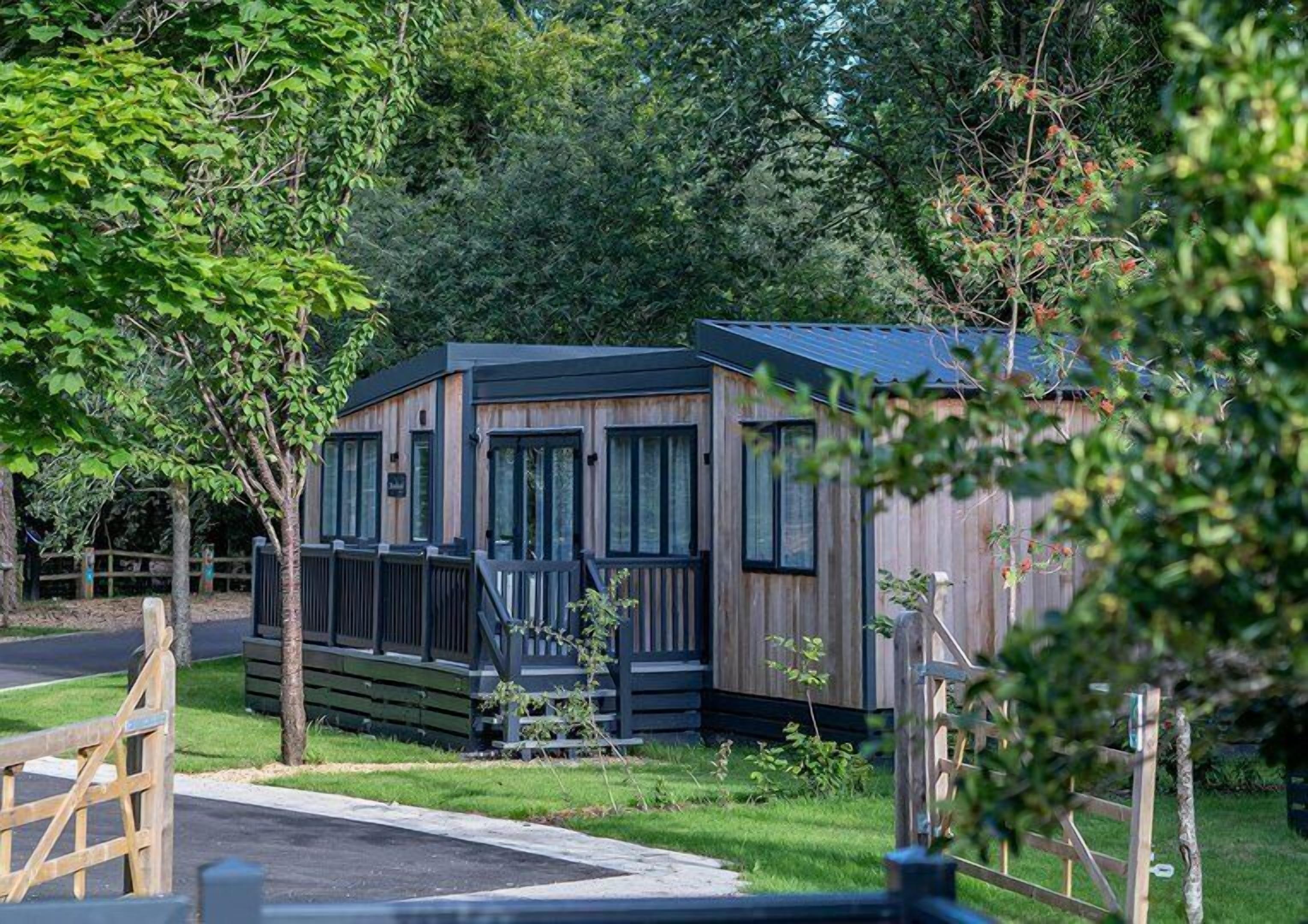 A small, modern cabin with a wooden exterior and large windows, surrounded by lush greenery.