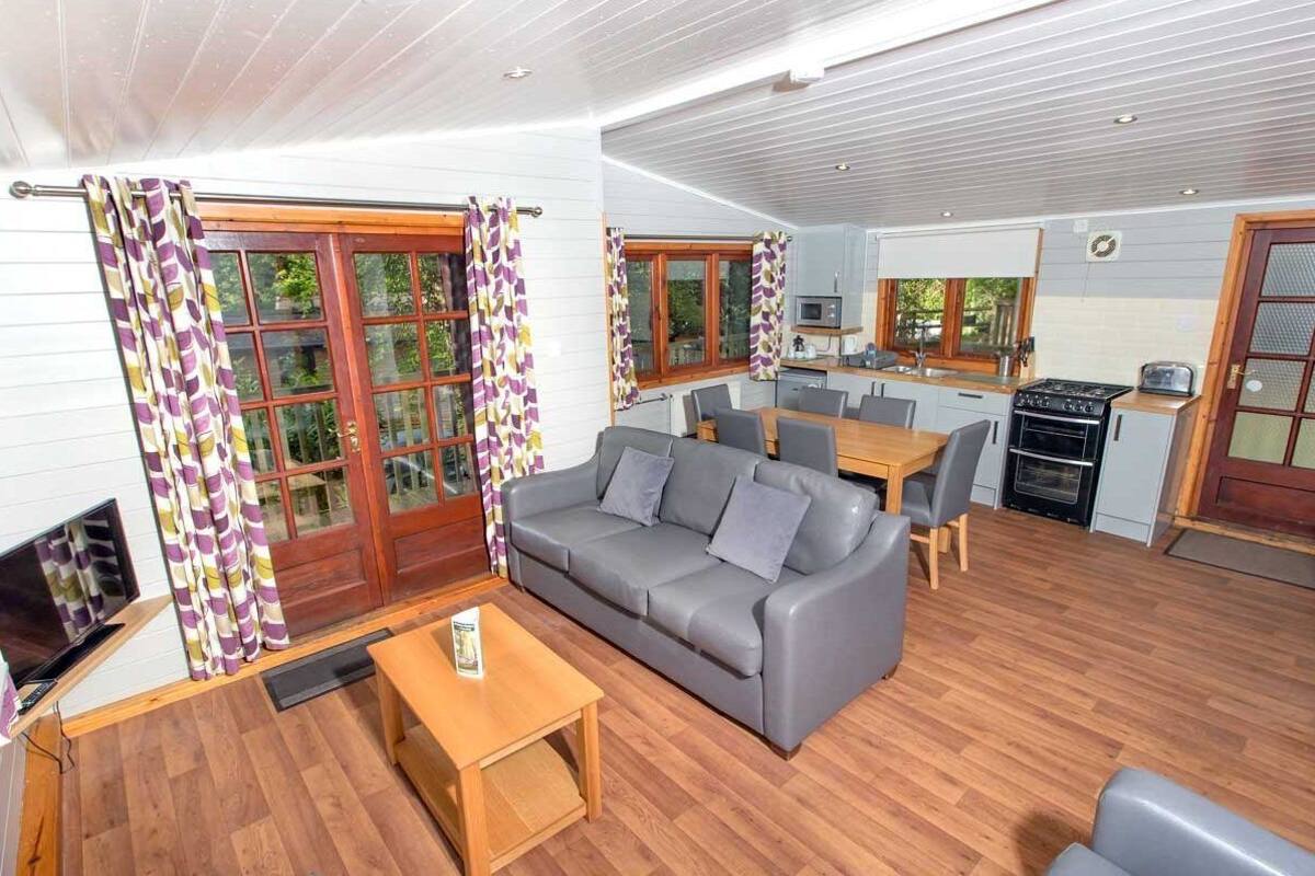 A cozy living room with a sofa, a coffee table, and a TV. There is a kitchen area with a stove and microwave.