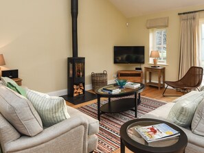 Un salon comprenant un canapé, un fauteuil, une table basse avec un plateau en verre, un téléviseur, une cheminée et une fenêtre avec des rideaux.