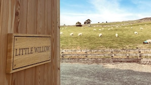 Un letrero de madera con la inscripción 'LITTLE WILLOW', un campo cubierto de hierba con ovejas y un muro de piedra al fondo.